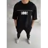 Unisex Bisiklet Yaka Baskılı Oversize T-Shirt - Siyah