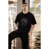 Unisex Bisiklet Yaka Baskılı Oversize T-Shirt - Siyah