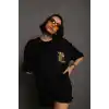 Unisex Bisiklet Yaka Baskılı Oversize T-Shirt - Siyah