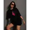 Unisex Bisiklet Yaka Baskılı Oversize T-Shirt - Siyah