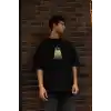 Unisex Bisiklet Yaka Baskılı Oversize T-Shirt - Siyah