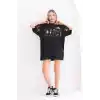 Unisex Bisiklet Yaka Baskılı Oversize T-Shirt - Siyah
