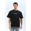 Unisex Bisiklet Yaka Baskılı Oversize T-Shirt - Siyah