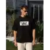 Unisex Bisiklet Yaka Baskılı Oversize T-Shirt - Siyah