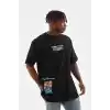 Unisex Bisiklet Yaka Baskılı Oversize T-Shirt - Siyah