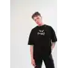 Unisex Bisiklet Yaka Baskılı Oversize T-Shirt - Siyah
