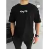 Unisex Bisiklet Yaka Baskılı Oversize T-Shirt - Siyah