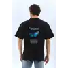 Unisex Bisiklet Yaka Baskılı Oversize T-Shirt - Siyah