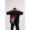 Unisex Bisiklet Yaka Baskılı Oversize T-Shirt - Siyah