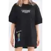 Unisex Bisiklet Yaka Baskılı Oversize T-Shirt - Siyah
