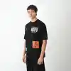 Unisex Bisiklet Yaka Baskılı Oversize T-Shirt - Siyah