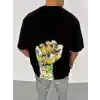 Unisex Bisiklet Yaka Baskılı Oversize T-Shirt - Siyah