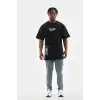 Unisex Bisiklet Yaka Baskılı Oversize T-Shirt - Siyah