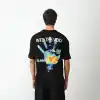 Unisex Bisiklet Yaka Baskılı Oversize T-Shirt - Siyah