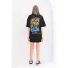 Unisex Bisiklet Yaka Baskılı Oversize T-Shirt - Siyah