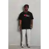Unisex Bisiklet Yaka Double Oversize Baskılı T-Shirt - Siyah