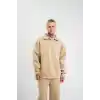 Unisex Double Oversize Patlı Yaka SweatShirt - Bej