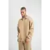 Unisex Double Oversize Patlı Yaka SweatShirt - Bej
