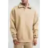 Unisex Double Oversize Patlı Yaka SweatShirt - Bej
