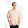 Unisex Düz Biskilet Yaka Oversize T-shirt - Bej