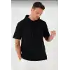 Unisex Kapşonlu Kısa Kol Düz Oversize T-shirt - Siyah