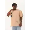 Unisex Oversize Baskılı Bisiklet Yaka T-Shirt - Bej