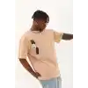 Unisex Oversize Baskılı Bisiklet Yaka T-Shirt - Bej