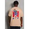 Unisex Oversize Baskılı Bisiklet Yaka T-Shirt - Bej