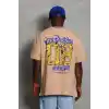 Unisex Oversize Baskılı Bisiklet Yaka T-Shirt - Bej