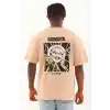 Unisex Oversize Baskılı Bisiklet Yaka T-Shirt - Bej