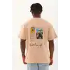 Unisex Oversize Baskılı Bisiklet Yaka T-Shirt - Bej