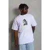 Unisex Oversize Baskılı Bisiklet Yaka T-Shirt - Beyaz
