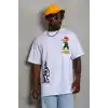 Unisex Oversize Baskılı Bisiklet Yaka T-Shirt - Beyaz