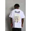 Unisex Oversize Baskılı Bisiklet Yaka T-Shirt - Beyaz