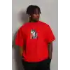 Unisex Oversize Baskılı Bisiklet Yaka T-Shirt - Kırmızı