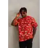 Unisex Oversize Baskılı Bisiklet Yaka T-Shirt - Kırmızı