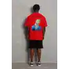 Unisex Oversize Baskılı Bisiklet Yaka T-Shirt - Kırmızı