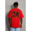 Unisex Oversize Baskılı Bisiklet Yaka T-Shirt - Kırmızı