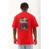 Unisex Oversize Baskılı Bisiklet Yaka T-Shirt - Kırmızı