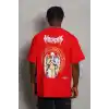 Unisex Oversize Baskılı Bisiklet Yaka T-Shirt - Kırmızı