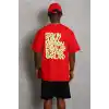 Unisex Oversize Baskılı Bisiklet Yaka T-Shirt - Kırmızı