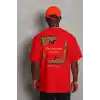 Unisex Oversize Baskılı Bisiklet Yaka T-Shirt - Kırmızı