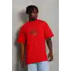 Unisex Oversize Baskılı Bisiklet Yaka T-Shirt - Kırmızı