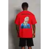 Unisex Oversize Baskılı Bisiklet Yaka T-Shirt - Kırmızı