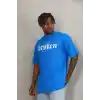 Unisex Oversize Baskılı Bisiklet Yaka T-Shirt - Mavi