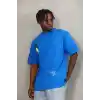 Unisex Oversize Baskılı Bisiklet Yaka T-Shirt - Mavi