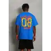 Unisex Oversize Baskılı Bisiklet Yaka T-Shirt - Mavi