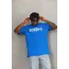 Unisex Oversize Baskılı Bisiklet Yaka T-Shirt - Mavi