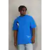 Unisex Oversize Baskılı Bisiklet Yaka T-Shirt - Mavi
