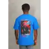 Unisex Oversize Baskılı Bisiklet Yaka T-Shirt - Mavi